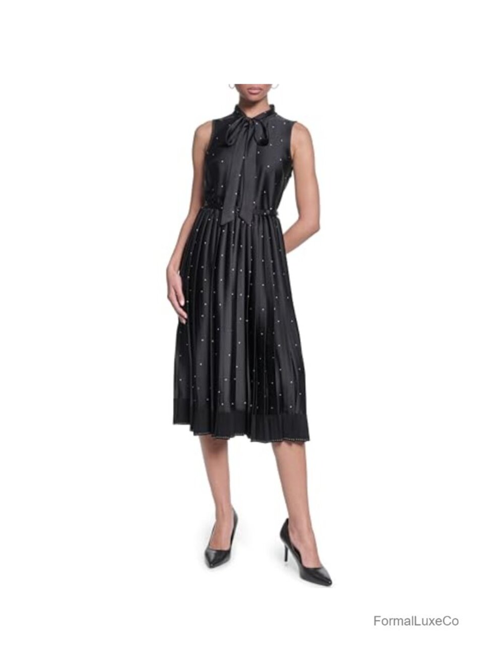 Sleeveless Tie Neck Matte Satin Pleated Midi Dress